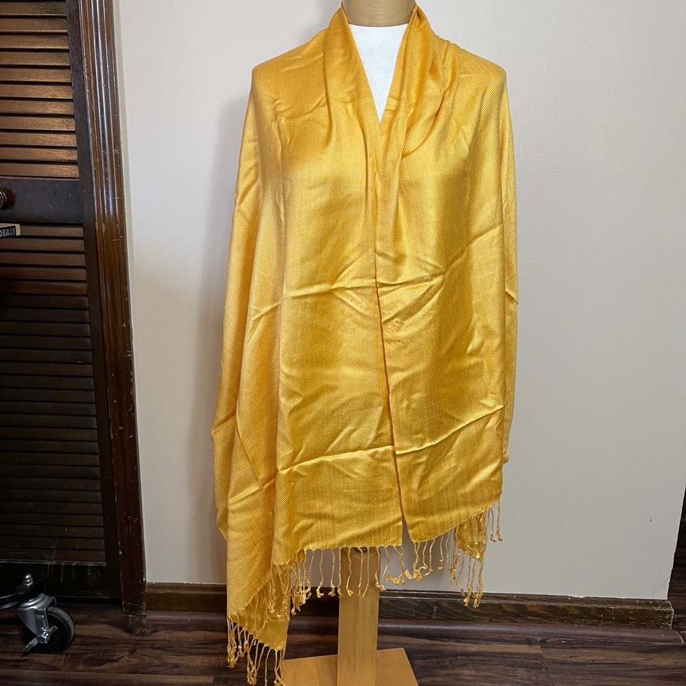 Pashmina Yellow Gold Solid Fringed Wrap Shawl Scarf 100% Pashmina 68x28